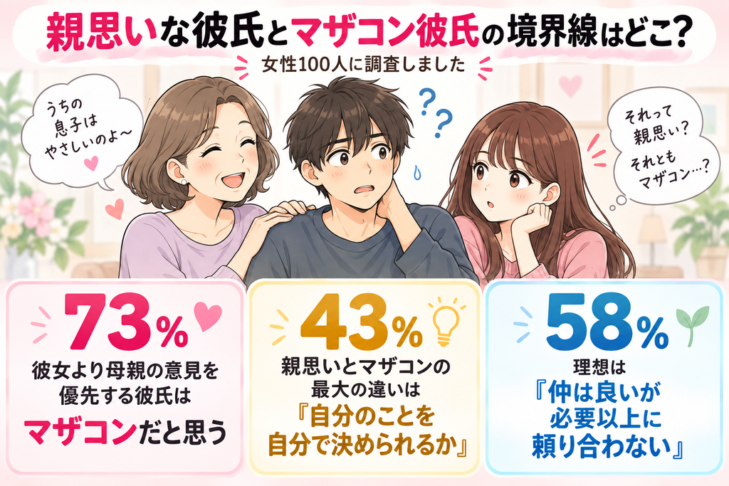 親思いな彼氏とマザコンの彼氏の境界線を女性100任に調査した結果。彼女より母親の意見を優先する彼氏はマザコンだと思う女性は73%、親思いとマザコンの最大の違いは「自分のことを自分で決められるか」、理想の関係は「仲は良いが必要以上に頼り合わない」