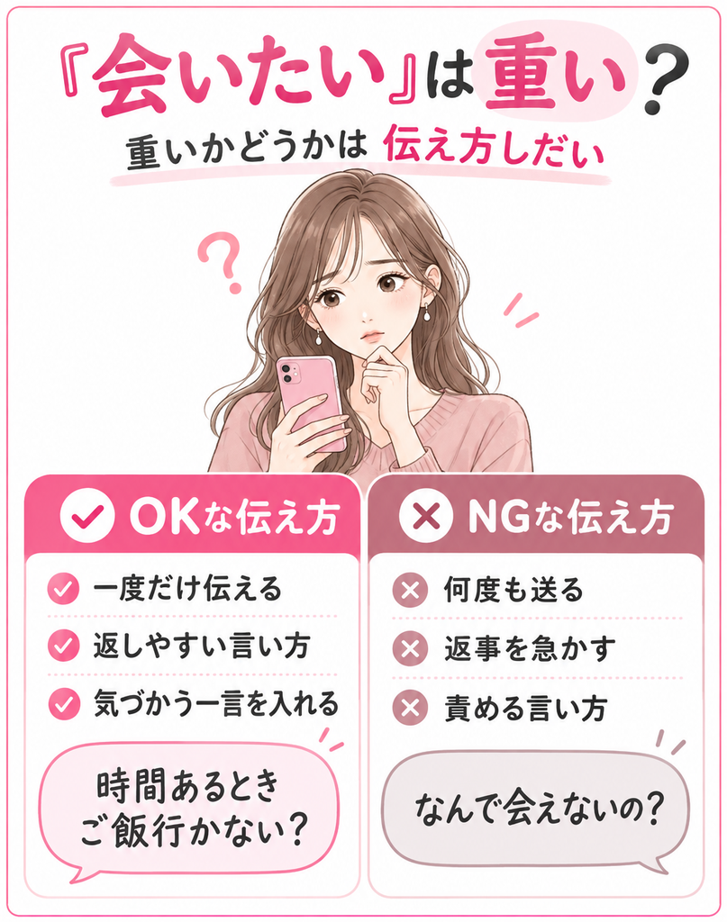 「会いたい」は重い?と悩む女性のイラスト。OKな伝え方は「一度だけ伝える」「返しやすい言い方」「気づかう一言を入れる」で、例は「時間あるときご飯行かない?」。NGな伝え方は「何度も送る」「返事を急かす」「責める言い方」で、例は「なんで会えないの?」