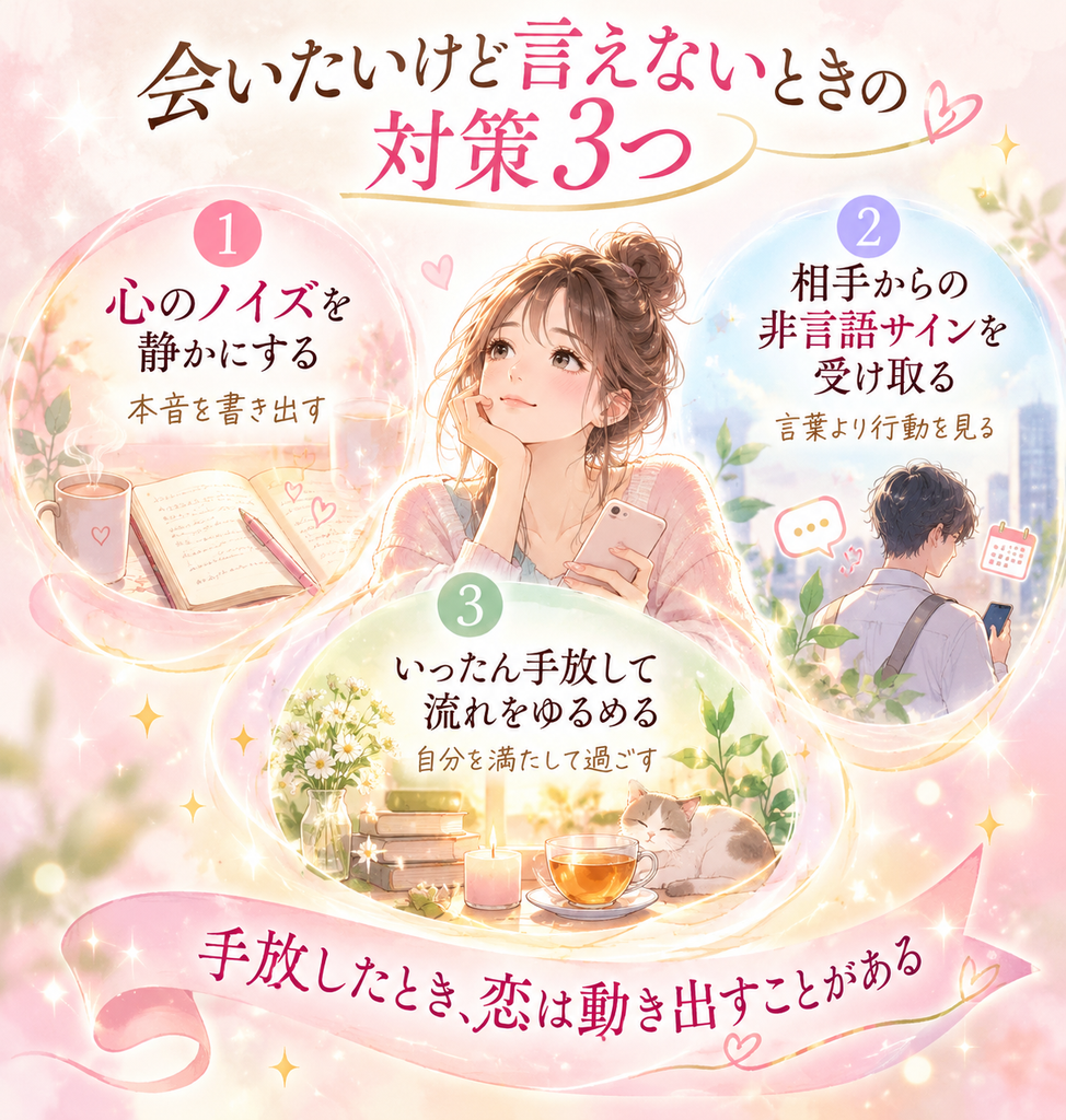 「会いたいけど言えないときの対策3つ」を示すイラスト。①心のノイズを静かにするために本音を書き出す、②相手からの非言語サインを受け取り、言葉より行動を見る、③いったん手放して流れをゆるめ、自分を満たして過ごす。『手放したとき、恋は動き出すことがある』と伝えるインフォグラフィック。