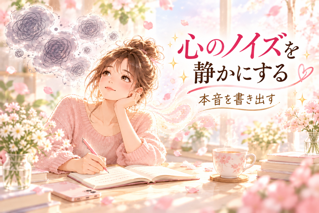 心のノイズを静かにする」をイメージしたイラスト。女性がノートに本音を書き出しながら、自分の気持ちを整理している様子。