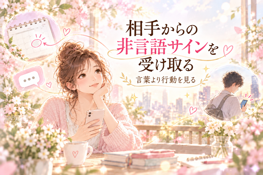 相手からの非言語サインを受け取る」をイメージしたイラスト。相手の言葉だけでなく、連絡や行動、予定の提案などから気持ちを読み取ろうとする女性の様子。