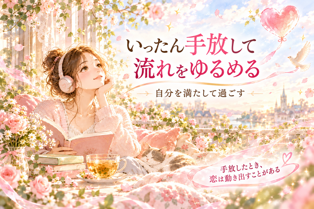 いったん手放して流れをゆるめる」をイメージしたイラスト。女性が読書や音楽、お茶を楽しみながら自分を満たして過ごし、恋への執着をゆるめている様子。
