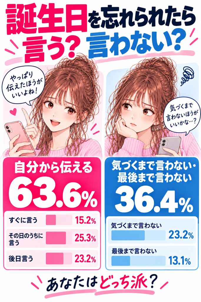 恋人に誕生日を忘れられたら本人に言うか言わないかを比較したアンケート結果。自分から伝える人は63.6％で、すぐに言う15.2％、その日のうちに言う25.3％、後日言う23.2％。相手が気づくまで言わない・最後まで言わない人は36.4％で、気づくまで言わない23.2％、最後まで言わない13.1％。