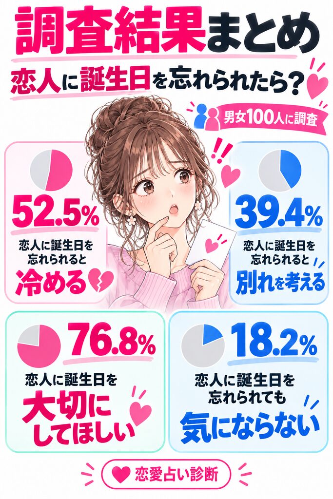 恋人に誕生日を忘れられたら冷める人52.5％、別れを考える人39.4％など男女100人調査の結果まとめ