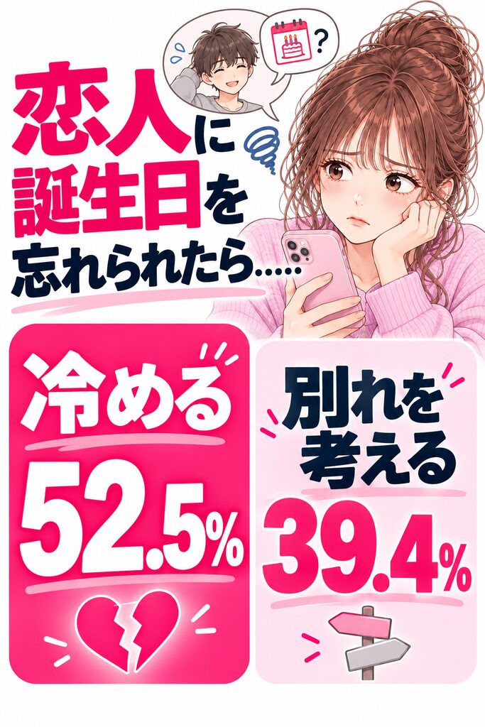 恋人に誕生日を忘れられたら冷める人は52.5％、別れを考える人は39.4％と回答した男女100人アンケートの比較画像と回答したアンケート結果グラフ