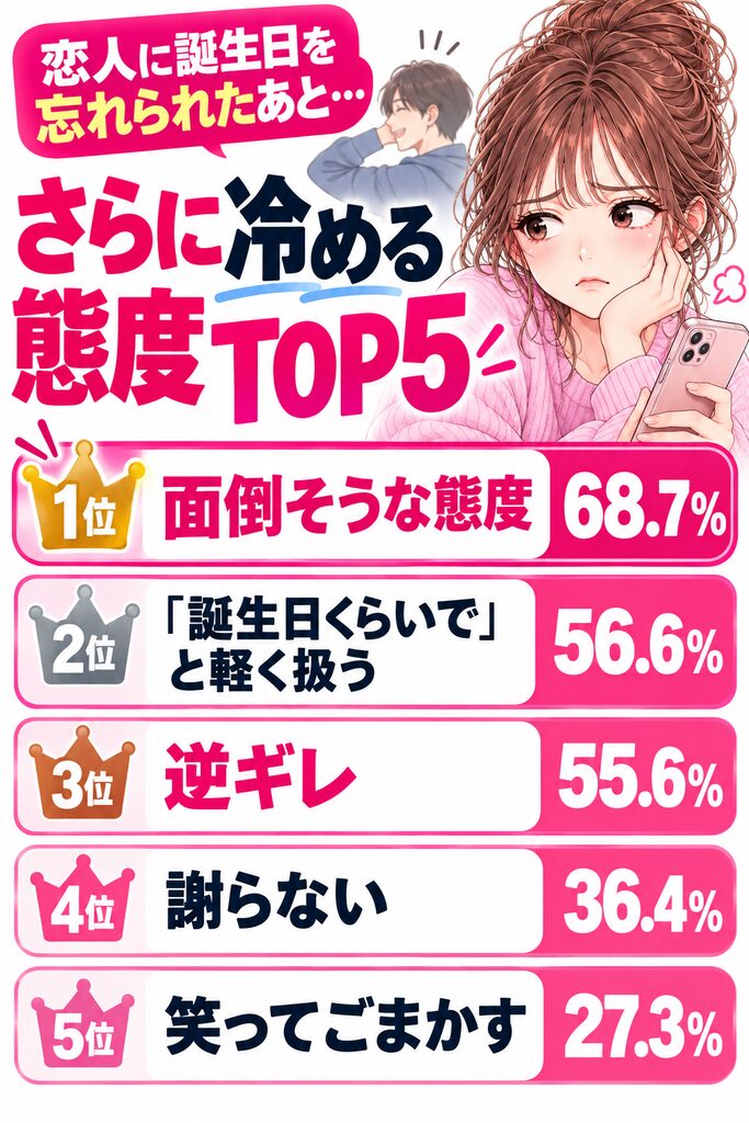 恋人に誕生日を忘れられたあと、さらに冷める態度TOP5。1位は面倒そうな態度68.7％、2位は「誕生日くらいで」と軽く扱う56.6％、3位は逆ギレ55.6％、4位は謝らない36.4％、5位は笑ってごまかす27.3％。
