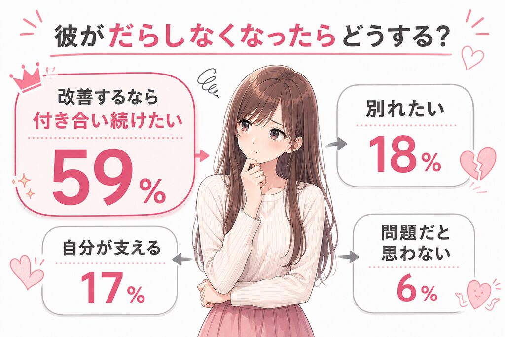 彼がだらしなくなったらどうする？のアンケート結果。「改善するなら付き合い続けたい」59％、「別れたい」18％、「自分が支える」17％、「問題だと思わない」6％