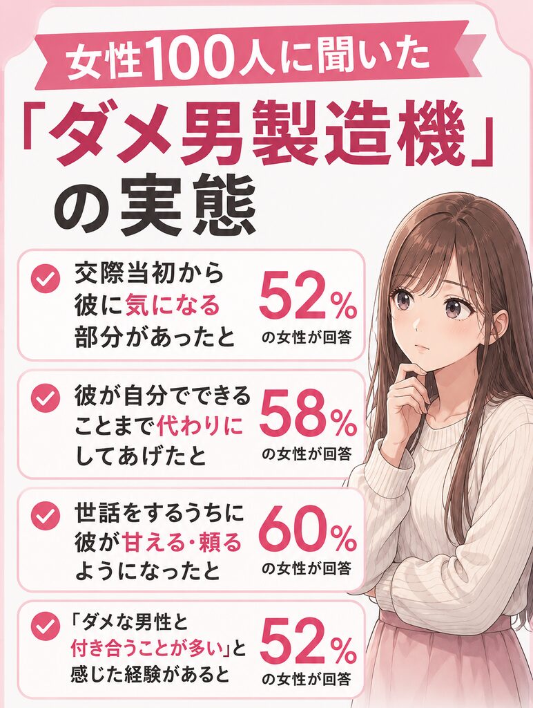 女性100人に聞いた「ダメ男製造機」の実態のイメージ画像。「交際当初から彼に気になる部分があった」と52％の女性が回答。「彼が自分でできることまで代わりにしてあげた」と58％の女性が回答。「世話をするうちに彼が甘える・頼るようになった」と60％の女性が回答。「ダメな男性と付き合うことが多い」と感じた経験がある」と52％の女性が回答
