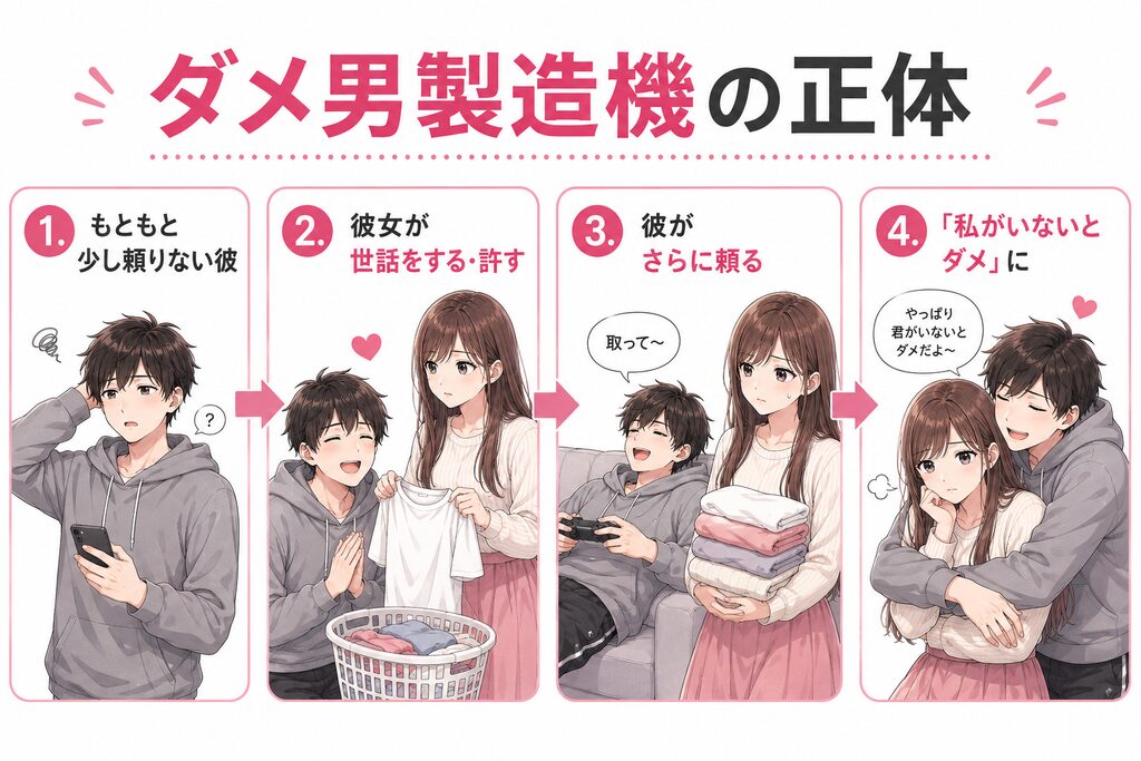「ダメ男製造機の正体」①もともと少し頼りない彼、②彼女が世話をする・許す、③彼がさらに頼る、④「私がいないとダメ」に……の流れ。