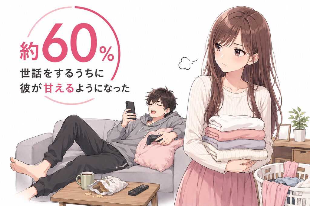 「世話をするうちに彼が甘えるようになった」と回答した女性は約60％のイメージ画像。彼氏のぐーたら感に困っている女性