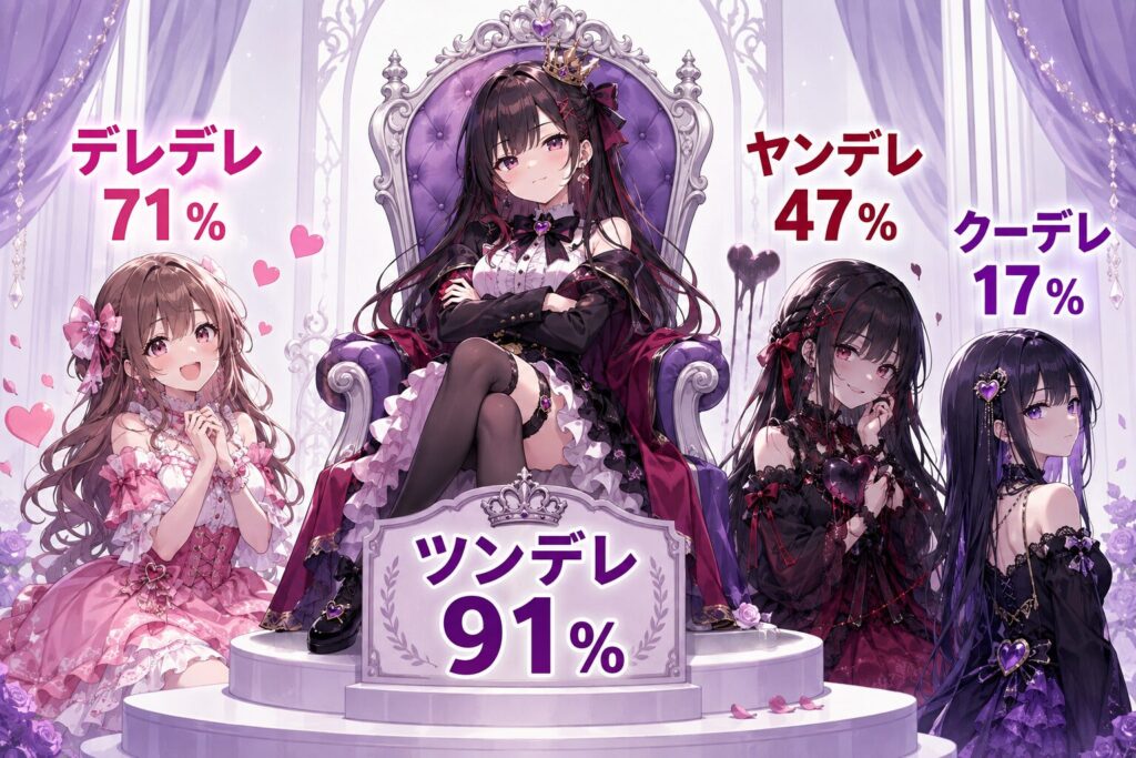 デレタイプの認知調査ランキングのイメージ画像。ツンデレ91%で1位、デレデレ71%、ヤンデレ47%、クーデレ17%