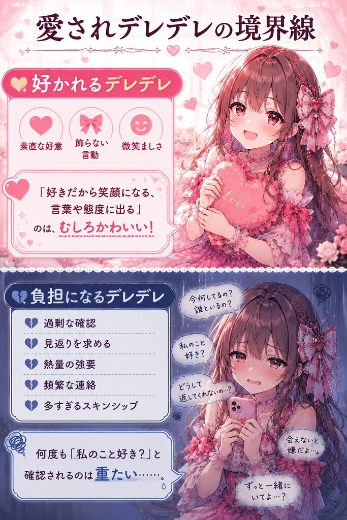 愛されデレデレの境界線のイメージ画像。好かれるデレデレは、素直な好意・飾らない言動・微笑ましさがある。「好きだから笑顔になる、言葉や態度に出る」のは、むしろかわいい。負担になるデレデレは、過剰な確認・見返りを求める・熱量の強要・頻繁な連絡・多すぎるスキンシップを求める。何度も「私のこと好き?」と確認されるのは重たい。