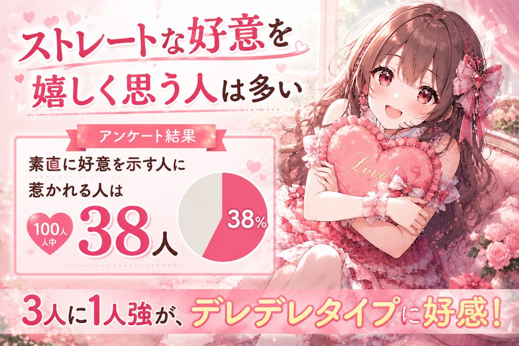 ストレートな好意を嬉しく思う人は多い。アンケート結果:素直に好意を示す人に惹かれる人は100人中38人。3人に1人強が、デレデレタイプに好感!