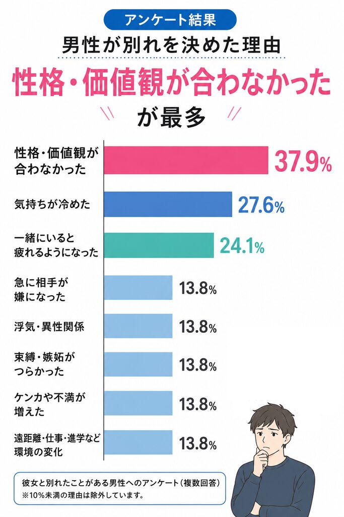 彼女と別れたことがある男性へのアンケート結果のグラフ。男性が別れを決めた理由1位は「性格・価値観が合わなかった」
