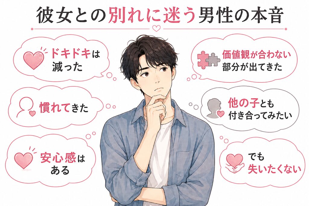 彼女との別れに迷う男性の本音。ドキドキは減った、慣れてきた、安心感はある、価値観が合わない部分が出てきた、他の子とも付き合ってみたい、でも失いたくない。