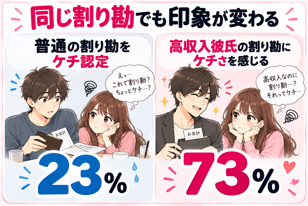 普通のデート代の割り勘をケチと感じる女性は23%、高収入の彼氏がデート代を割り勘にするとケチだと感じる女性は73%