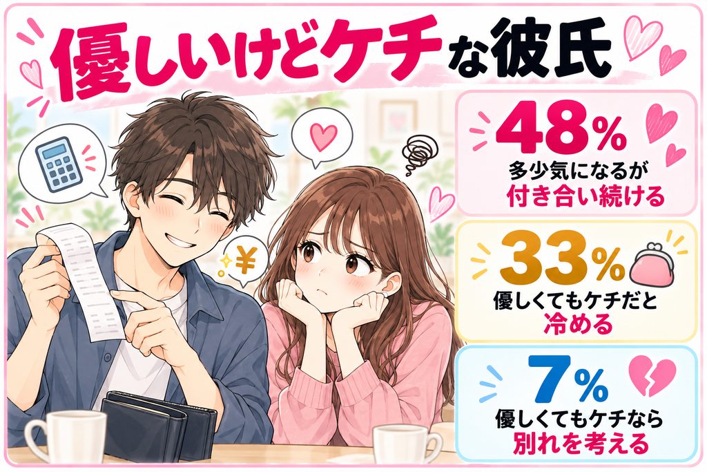 優しいけどケチな彼氏について女性100人に調査。優しくてもケチだと冷める33%、多少気になるが付き合い続ける48%