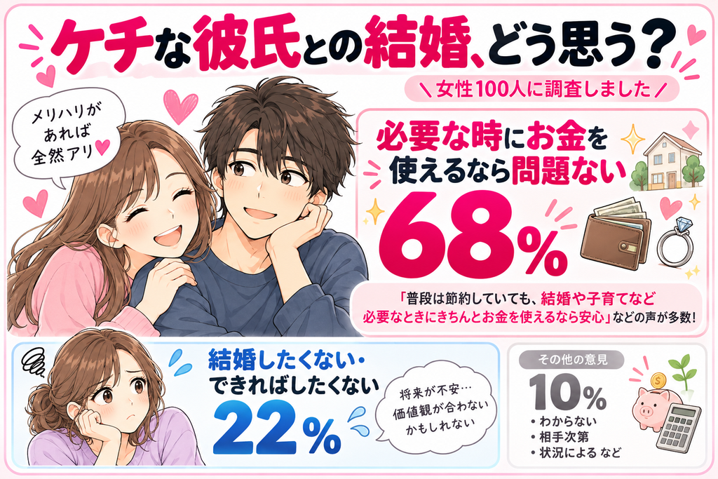 ケチな彼氏との結婚について女性100人に調査。普段はケチでも必要な時にお金を使えるなら問題ない68%