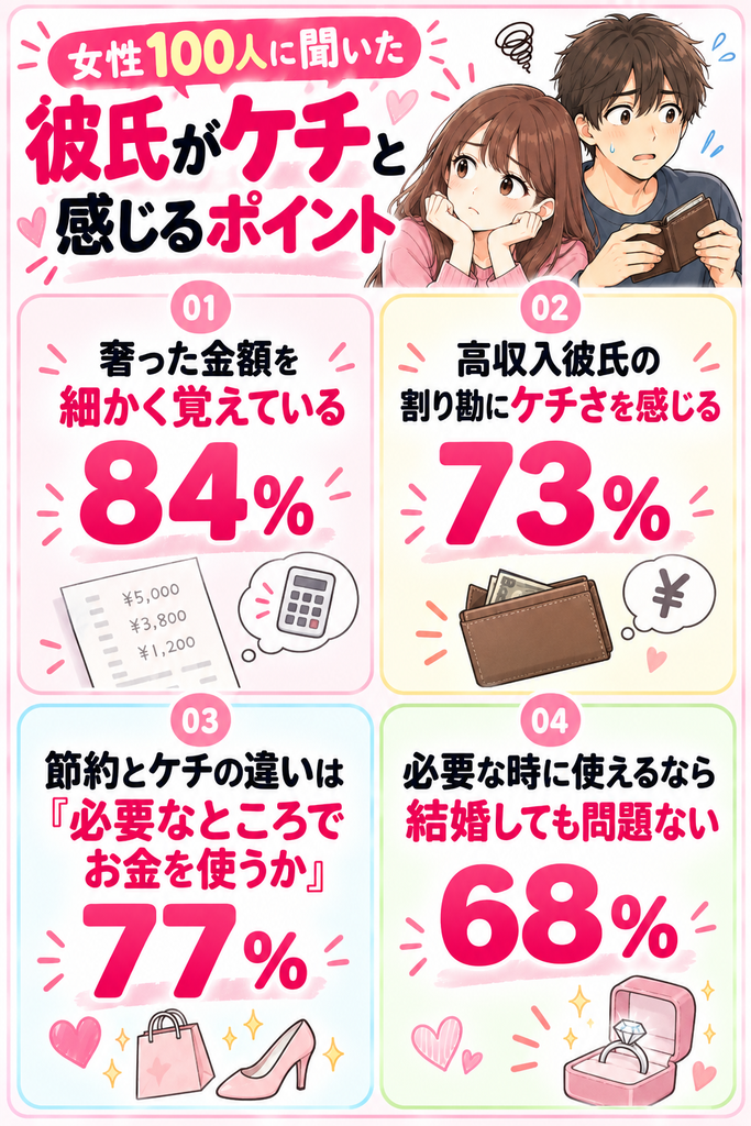 女性100人に聞いた彼氏がケチと感じるポイント。奢った金額を細かく覚えている84%、高収入彼氏の割り勘をケチと感じる73%、節約とケチの違いは必要なところでお金を使うか77%、必要な時にお金を使えるなら結婚しても問題ない68%