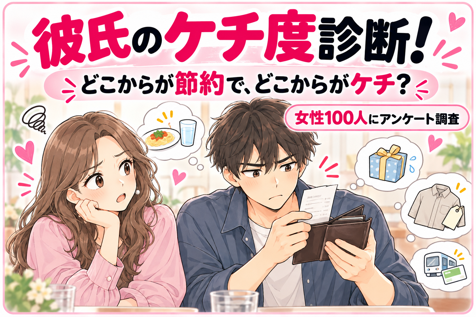 彼氏のケチ度診断。どこからが節約で、どこからがケチ？女性100人にアンケート調査