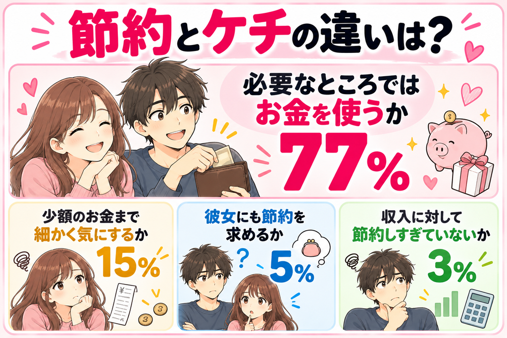 節約・倹約とケチの違いについて、必要なところではお金を使うかどうかと回答した女性は77%
