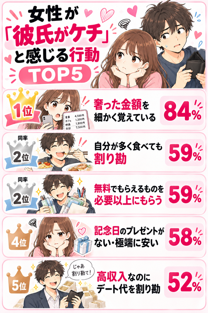 女性が彼氏がケチと感じる行動TOP5。奢った金額を細かく覚えている84%、自分が多く食べても割り勘59%、無料でもらえるものを必要以上にもらう59%、記念日のプレゼントがない・極端に安い58%、高収入なのにデート代を割り勘52%