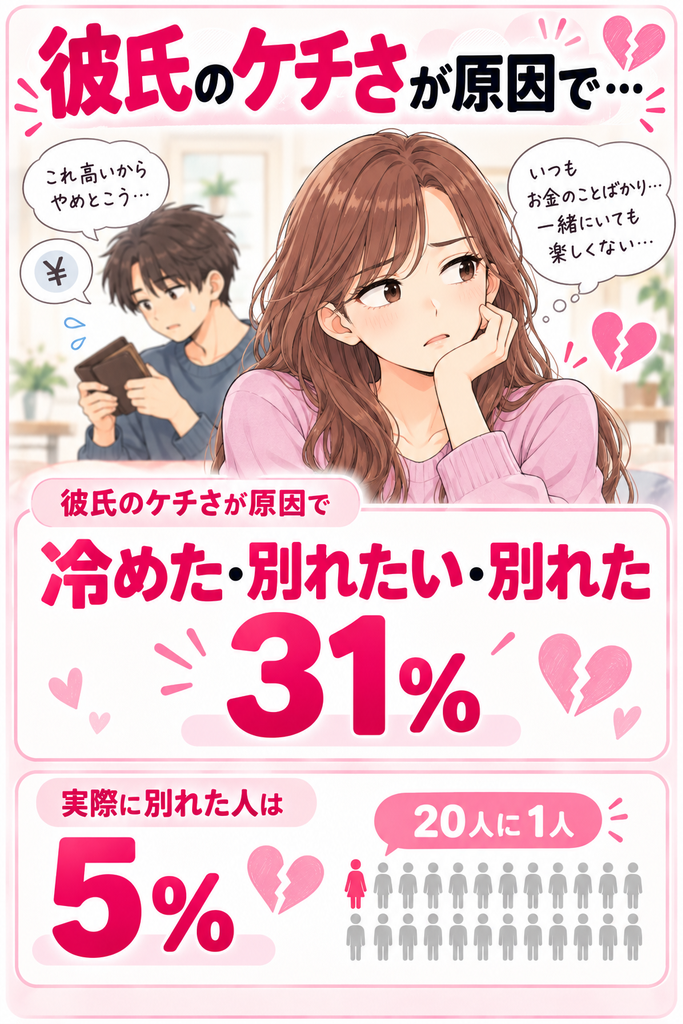 彼氏のケチさが原因で冷めた、別れたいと思った、実際に別れた女性は31%。実際に別れた女性は5%で20人に1人