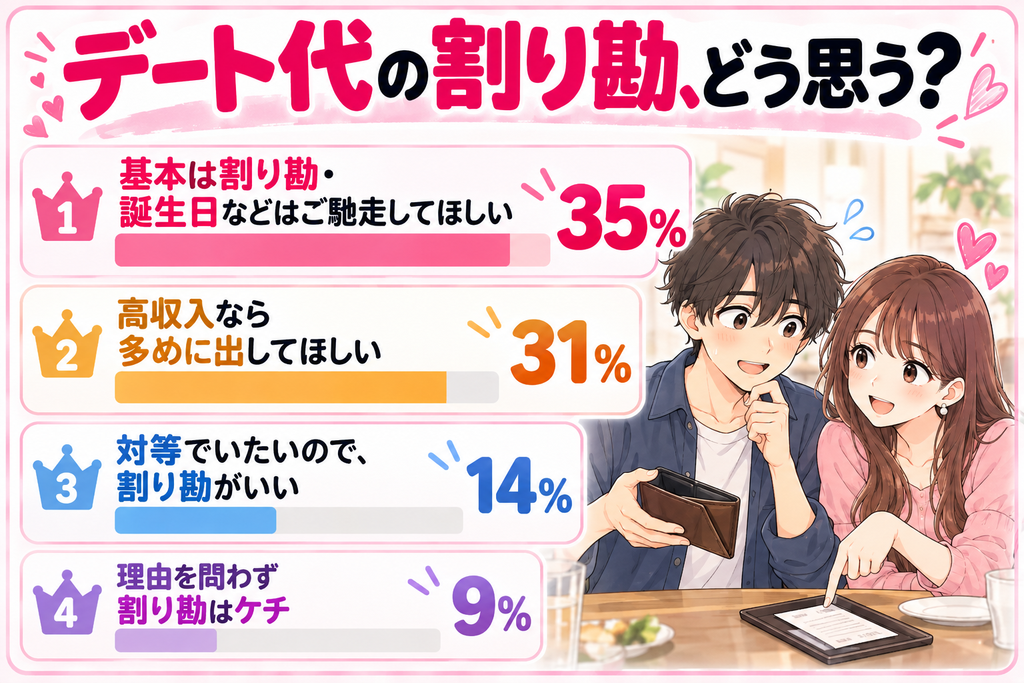 デート代の割り勘について女性100人に調査。基本は割り勘で誕生日などはご馳走してほしい35%、彼氏の収入が高ければ多めに出してほしい31%、理由を問わず割り勘だとケチと感じる9%