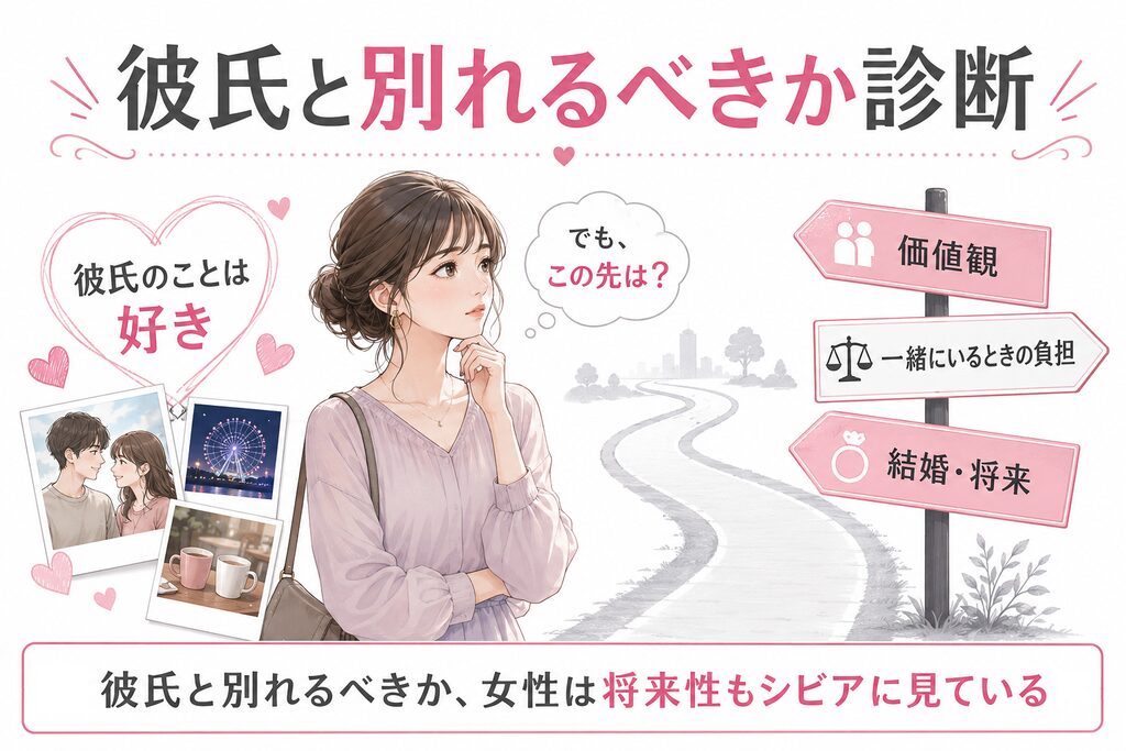 彼氏と別れるべきか診断|好きでも価値観や負担、結婚・将来を考えて別れを判断する女性のイメージ画像