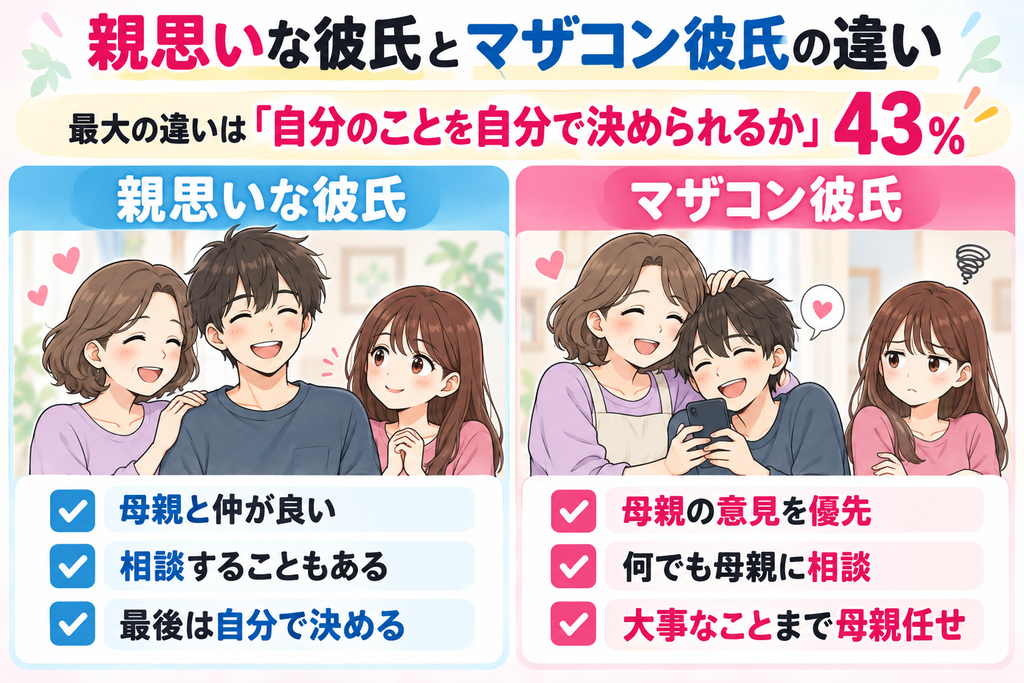 親思いな彼氏とマザコン彼氏の違いを比較。女性100人中43%が最大の違いは自分のことを自分で決められるかと回答。親思いな彼氏は母親と仲良くしても自分で判断し、マザコン彼氏は母親の意見を優先したり大事な判断を任せたりする傾向