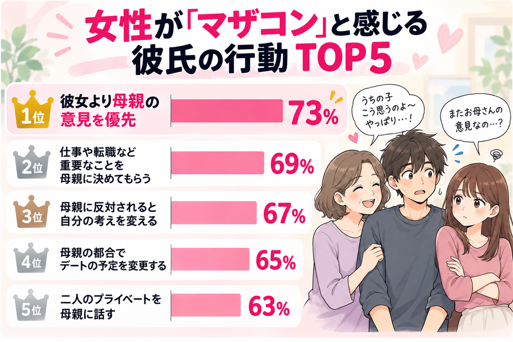 女性100人がマザコンと感じる彼氏の行動TOP5。彼女より母親の意見を優先73%、仕事や転職など重要なことを母親に決めてもらう69%、母親に反対されると自分の考えを変える67%、母親の都合で彼女との予定を変更65%、二人のプライベートを母親に話す63%