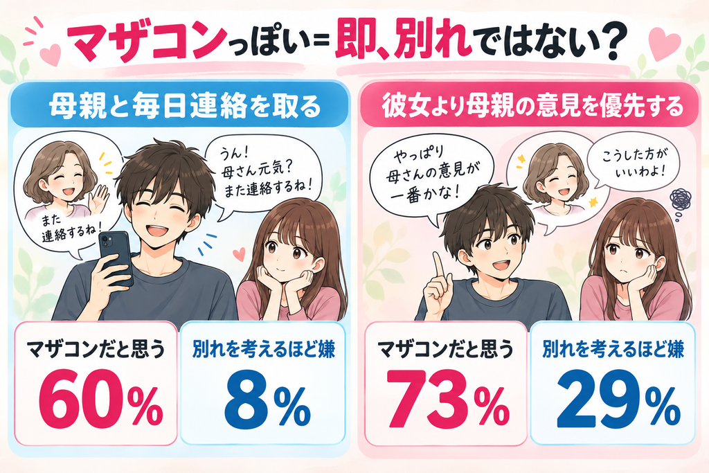 マザコンだと思う彼氏の行動と別れを考えるほど嫌な行動を比較。母親と毎日連絡する彼氏はマザコン認定60%、別れを考える女性8%。彼女より母親の意見を優先する彼氏はマザコン認定73%、別れを考える女性29%
