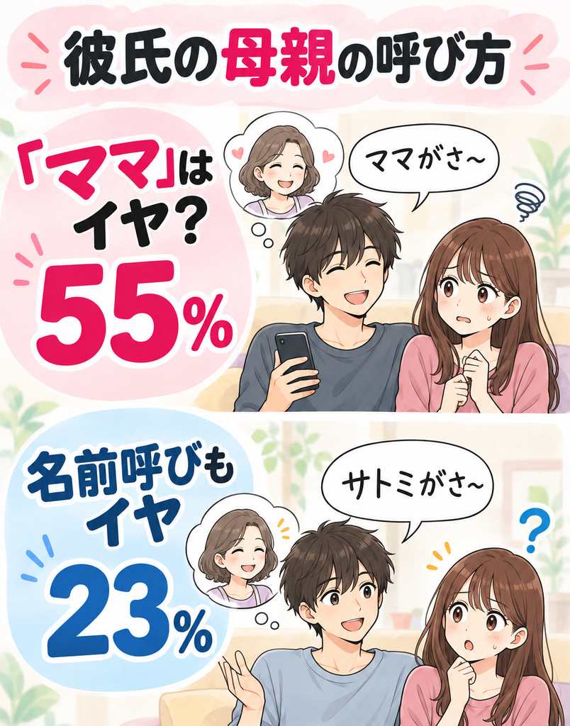 彼氏が母親をママと呼ぶことをイヤだと答えた女性は55%、母親を名前で呼ぶことをイヤだと答えた女性は23%