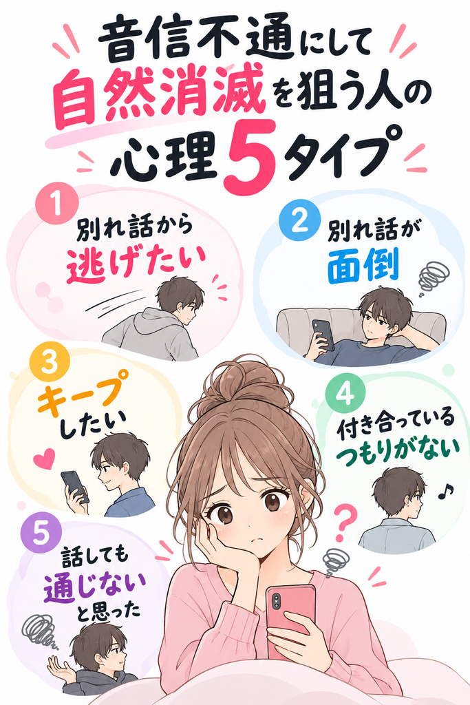 音信不通にして自然消滅を狙う人の心理5タイプ。別れ話から逃げたい、別れ話が面倒、キープしたい、付き合っているつもりがない、話しても通じないと思った