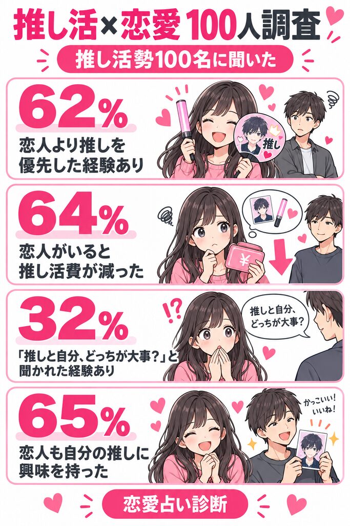 推し活と恋愛の両立に関する100人調査。恋人より推しを優先した経験62%、推し活費が減った64%、「推しと自分どっちが大事?」と聞かれた経験32%、恋人も推しに興味を持った65%