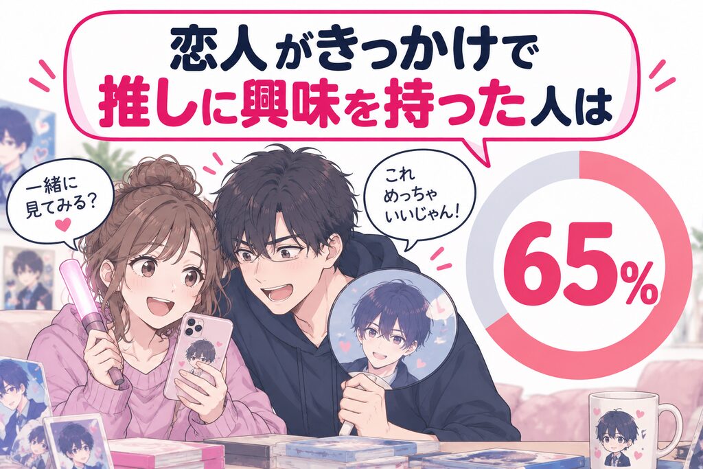 推し活と恋愛の100人調査。恋人がきっかけで自分の推しに興味を持った人は65%。恋人同士で推し活を楽しむ様子を描いたイラスト