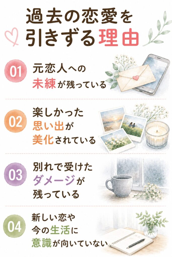 過去の恋愛を引きずる理由①元恋人への未練が残っている ②楽しかった思い出が美化されている ③別れで受けたダメージが残っている ④新しい恋や今の生活に意識が向いていない