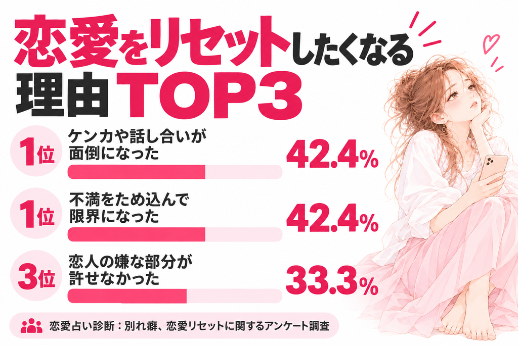 恋愛をリセットしたくなる理由TOP3。ケンカや話し合いが面倒になった42.4%、不満をため込んで限界になった42.4%が同率1位。恋人の嫌な部分が許せなかった33.3%が続く結果に