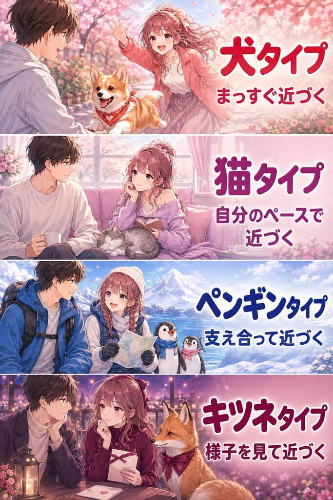 恋愛中の距離の縮め方を犬・猫・ペンギン・キツネの4タイプで比較したイラスト。犬タイプはまっすぐ近づく、猫タイプは自分のペースで近づく、ペンギンタイプは支え合って近づく、キツネタイプは様子を見て近づく