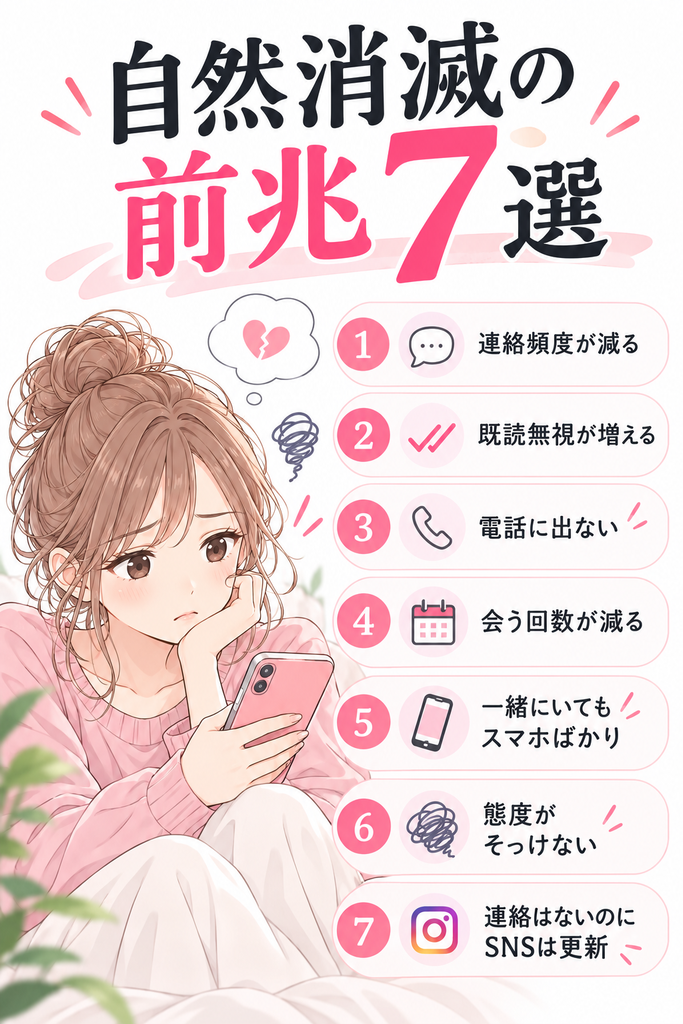 自然消滅の前兆7選。連絡頻度が減る、既読無視が増える、電話に出ない、会う回数が減る、一緒にいてもスマホばかり、態度がそっけない、連絡はないのにSNSは更新