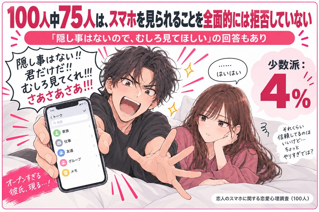 恋人にスマホを見られることを全面的には拒否していない人は100人中75人、「隠し事はないので、むしろ見てほしい」と答えた人は4％だったことを示すイラスト付きインフォグラフィック