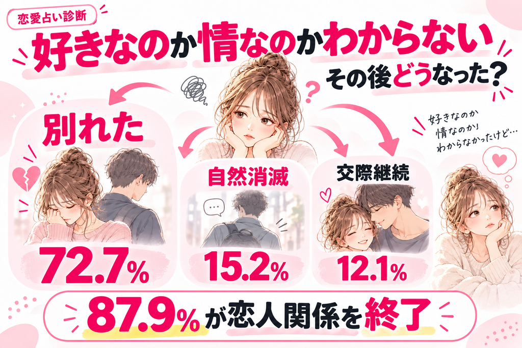 好きなのか情なのかわからないと感じた人のその後。72.7％が別れ、15.2％が自然消滅。別れと自然消滅を合わせると87.9％が恋人関係を終了