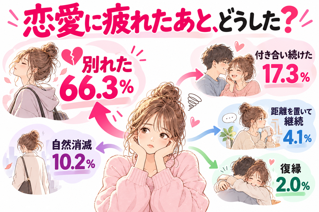 恋愛に疲れたあと、どうした?アンケート結果|別れた66.3%、付き合い続けた17.3%、自然消滅10.2%、距離を置いて継続4.1%、復縁2.0%