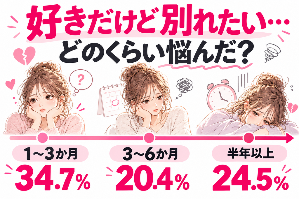 好きだけど別れたいと悩んだ期間|1~3か月34.7%、3~6か月20.4%、半年以上24.5%