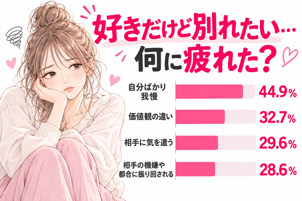 好きだけど別れたい…何に疲れた?自分ばかり我慢44.9%、価値観の違い32.7%、相手に気を遣う29.6%、相手の機嫌や都合に振り回される28.6%