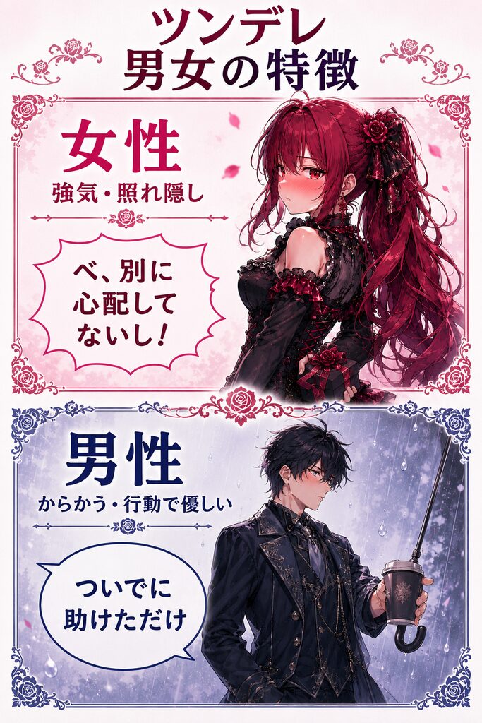 ツンデレ男女の特徴の画像。ツンデレな女性の「強気・照れ隠し」と、男性の「からかう・行動で優しい」という特徴を比較したイラスト