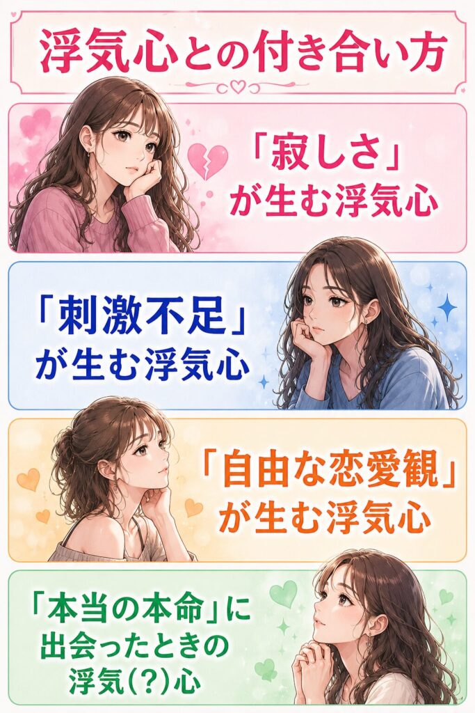 浮気心との付きあい方４パターン①「寂しさ」が生む浮気心 ②「刺激不足」が生む浮気心 ③「自由な恋愛観」が生む浮気心 ④「本当の本命」に出会ったときの浮気（?）心