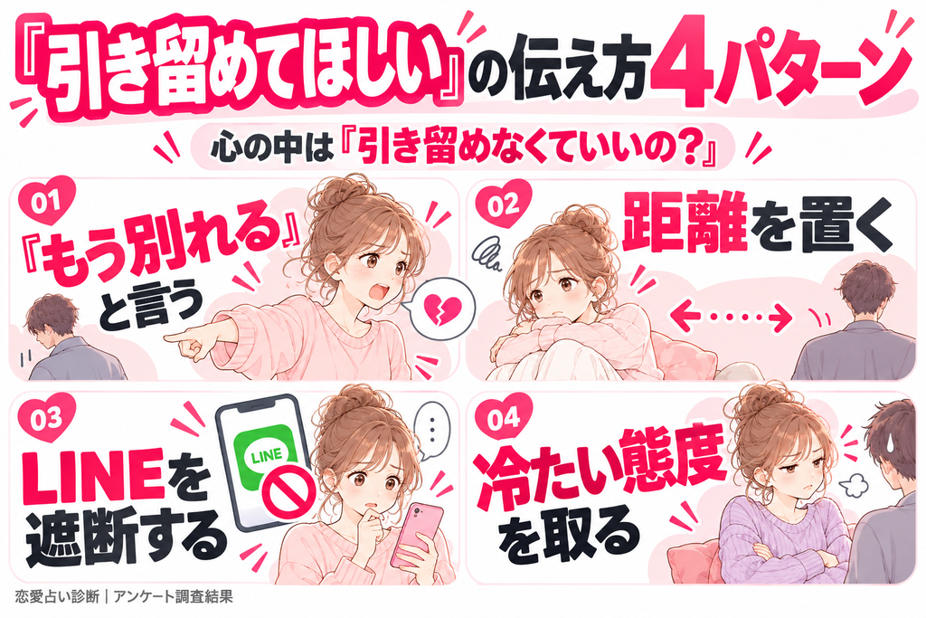 恋人に引き留めてほしい人の行動4パターン。自分から「もう別れる」と言う、距離を置く、LINEを遮断する、冷たい態度を取る。心の中では「引き留めなくていいの?」と思っている可能性も。