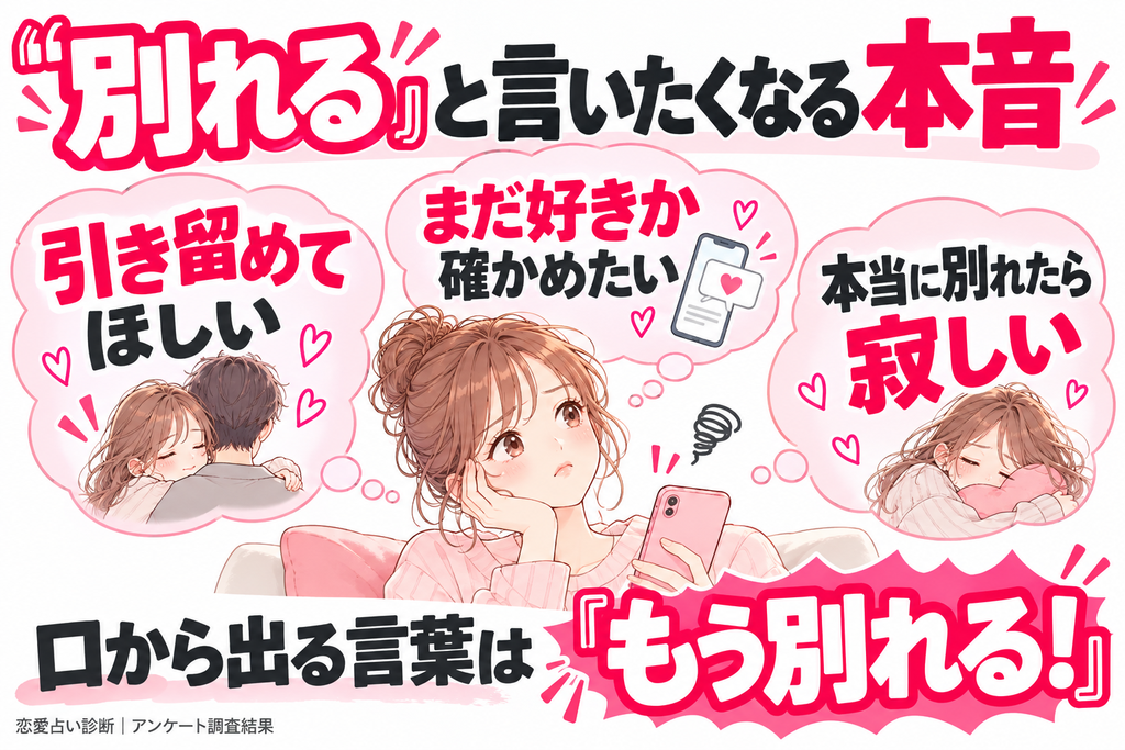 「別れる」と言いたくなる本音の脳内図。恋人に引き留めてほしい、まだ好きか確かめたい、本当に別れたら寂しい気持ちがあるが、口からでる言葉は「もう別れる」