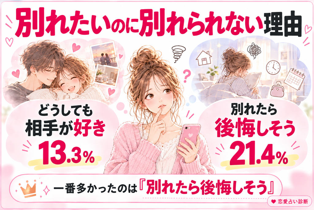 別れたいのに別れられない理由では、別れたら後悔しそうが21.4％で1位。どうしても相手が好きは13.3％。別れたあとの後悔を考えて迷う人が最多